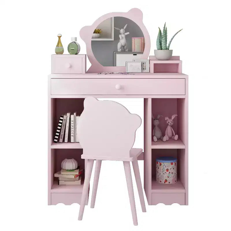 Kids Vanity Set, 2-In-1 Princess Dressing Table & Stool Set, Bear-Shaped Mirror & Stool, Children Makeup Dressing Table for Play Room Bedroom