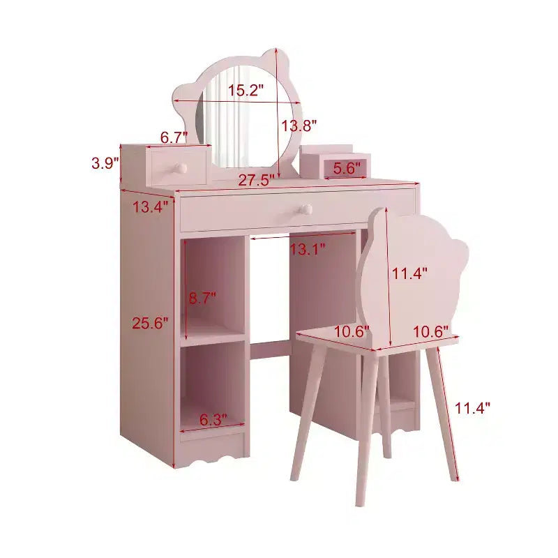 Coiffeuse pour enfants, ensemble coiffeuse et tabouret de princesse 2 en 1, miroir et tabouret en forme d'ours, coiffeuse pour enfants pour salle de jeux et chambre à coucher