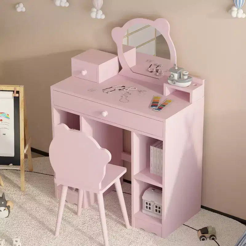 Coiffeuse pour enfants, ensemble coiffeuse et tabouret de princesse 2 en 1, miroir et tabouret en forme d'ours, coiffeuse pour enfants pour salle de jeux et chambre à coucher