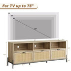 Meuble TV en rotin GustoWave pour téléviseurs jusqu'à 75 pouces, meuble de divertissement moderne du milieu du siècle avec étagère ouverte et 3 tiroirs pour le salon
