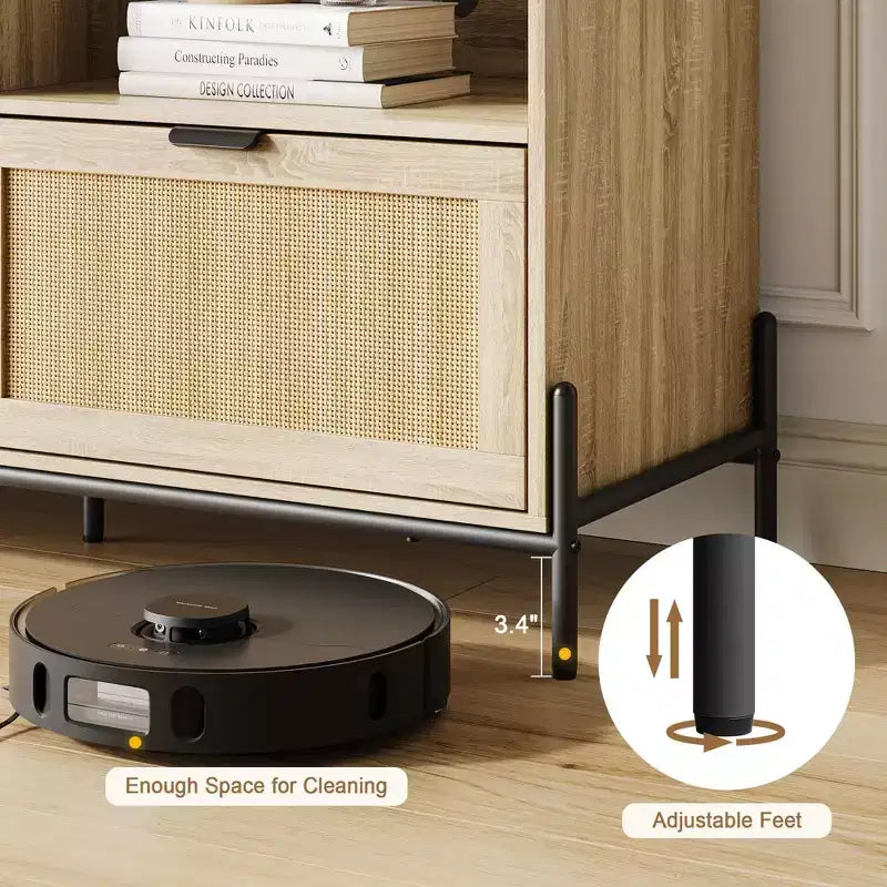 Meuble TV en rotin GustoWave pour téléviseurs jusqu'à 75 pouces, meuble de divertissement moderne du milieu du siècle avec étagère ouverte et 3 tiroirs pour le salon