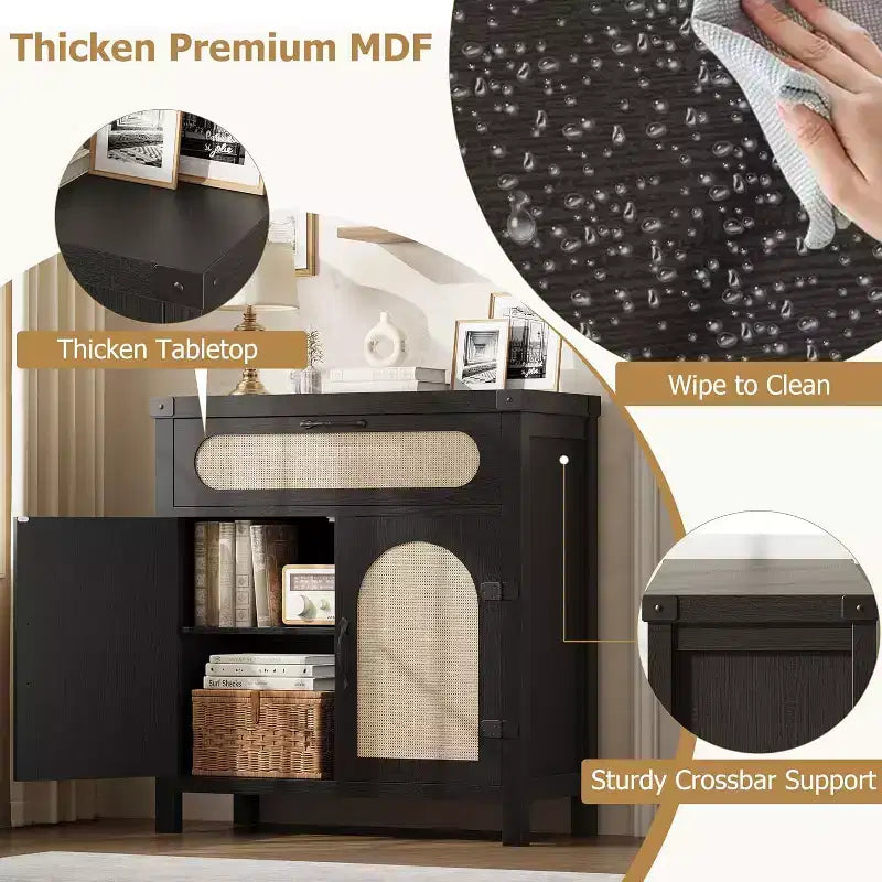 29,9 Petit buffet en rotin avec tiroir et étagères réglables, buffet de ferme bohème, meuble de bar à café de cuisine avec portes, noir