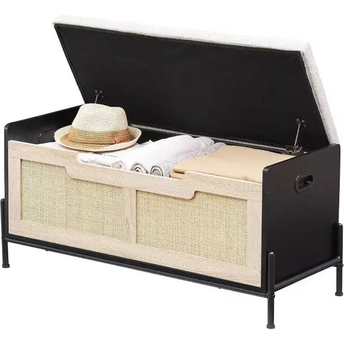 Acekool Rattan Storage Bench with Safety Hinges, Upholstered Entryway Shoe Bench and Storage Box, for Hallway Bedroom Living Room, Natural