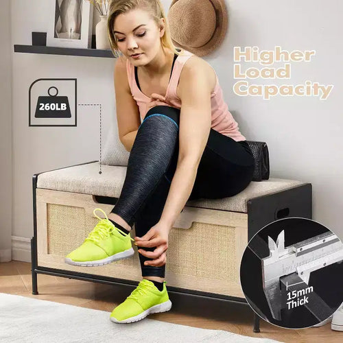 Acekool Banc de Rangement en Rotin avec Charnières de Sécurité, Banc à Chaussures Rembourré pour Entrée et Coffre de Rangement, pour Couloir, Chambre, Salon, Naturel