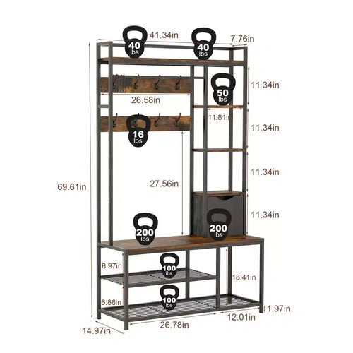 Porte-manteau 5 en 1, Meuble d'entrée avec banc et rangement à chaussures, Banc d'entrée autoportant avec étagères ouvertes à 5 niveaux