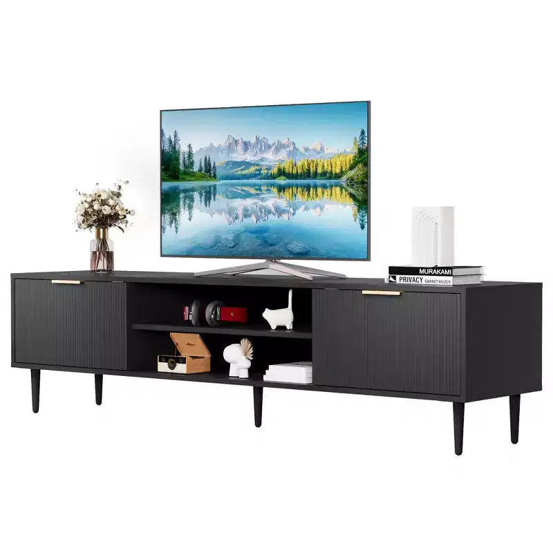 Meuble TV noir GustoWave pour téléviseurs jusqu'à 75 pouces, meuble de divertissement avec grands placards de rangement pour chambre à coucher, bureau
