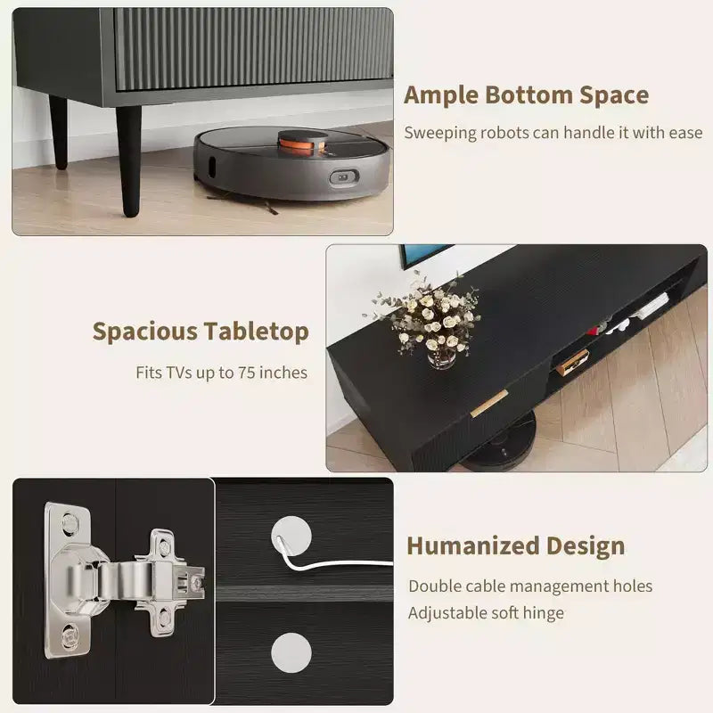 Meuble TV noir GustoWave pour téléviseurs jusqu'à 75 pouces, meuble de divertissement avec grands placards de rangement pour chambre à coucher, bureau