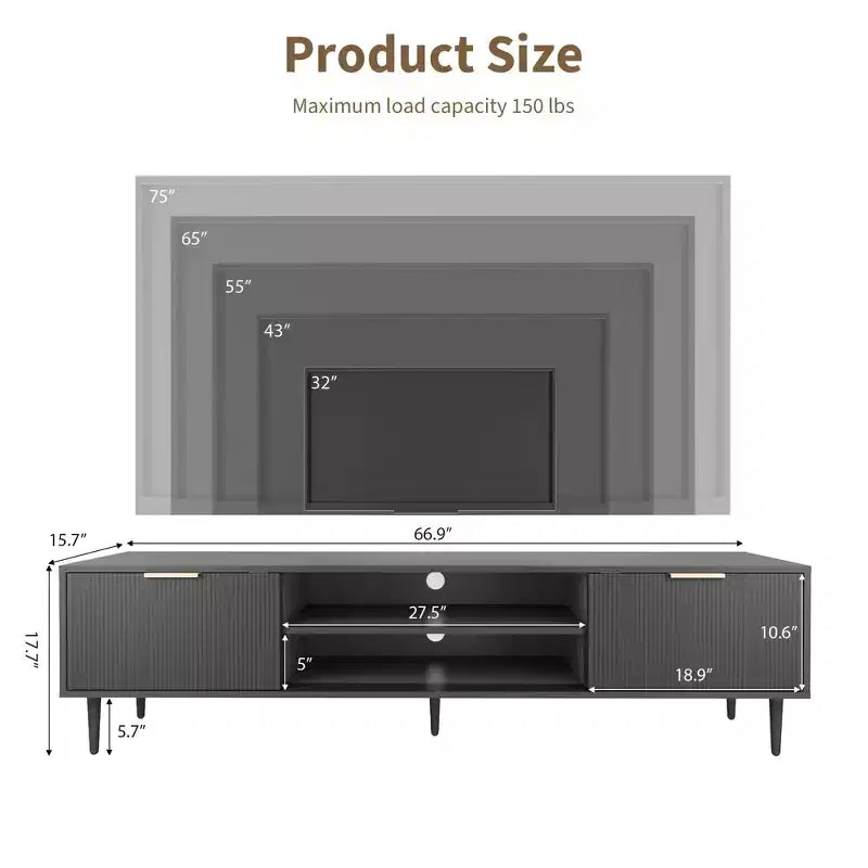 Meuble TV noir GustoWave pour téléviseurs jusqu'à 75 pouces, meuble de divertissement avec grands placards de rangement pour chambre à coucher, bureau