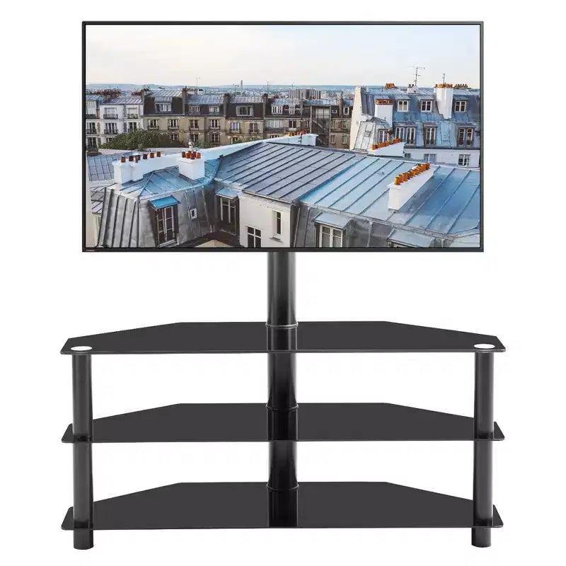 Meuble TV réglable en hauteur et en angle avec étagères en verre, support TV multifonction pour téléviseurs de 32 à 65 pouces, Noir - ModernLuxe
