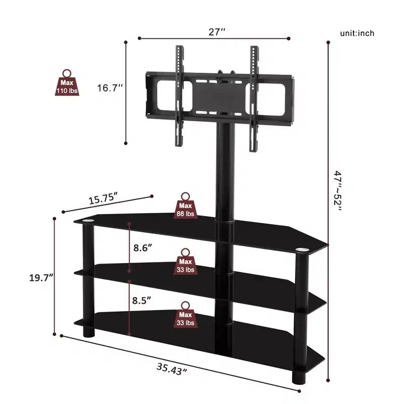 Meuble TV réglable en hauteur et en angle avec étagères en verre, support TV multifonction pour téléviseurs de 32 à 65 pouces, Noir - ModernLuxe
