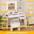 Coiffeuse TROPOW avec miroir et lumières, Ensemble de coiffeuse avec tiroirs, meuble de rangement et chaise, 3 modes d'éclairage et luminosité réglable