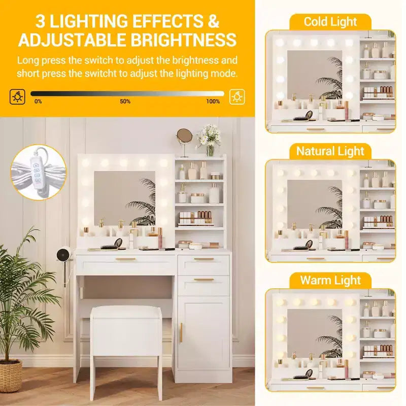 Coiffeuse TROPOW avec miroir et lumières, Ensemble de coiffeuse avec tiroirs, meuble de rangement et chaise, 3 modes d'éclairage et luminosité réglable