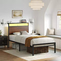Hausource Industrial Bed Frame with Storage LED Headboard, Charging Station, No Box Spring Needed