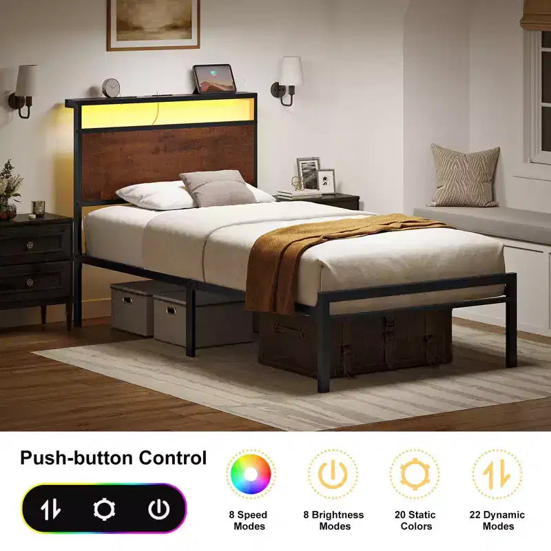 Cadre de lit industriel Hausource avec tête de lit LED de rangement, station de recharge, pas besoin de sommier tapissier