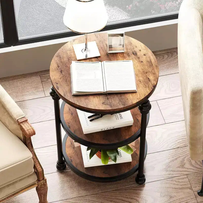 Table d'appoint ronde Acekool à 3 niveaux, table de bout de ferme avec pieds en métal pour chambre et salon - Marron rustique
