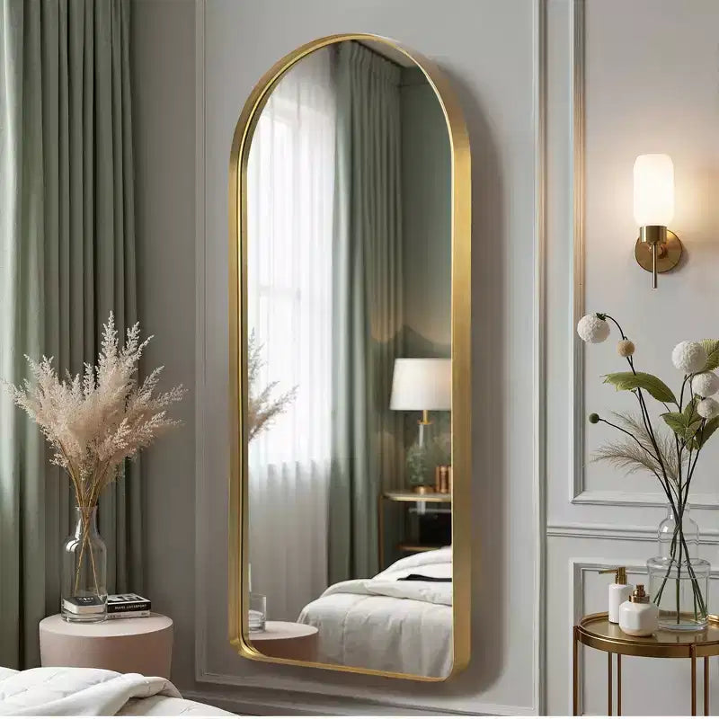 PexFix Miroir en pied 81 cm (32 po) L x 180 cm (71 po) H avec cadre arqué moderne et coins arrondis, doré