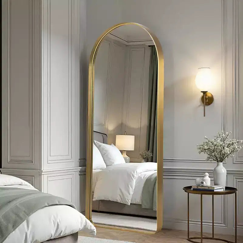 PexFix Miroir en pied 81 cm (32 po) L x 180 cm (71 po) H avec cadre arqué moderne et coins arrondis, doré