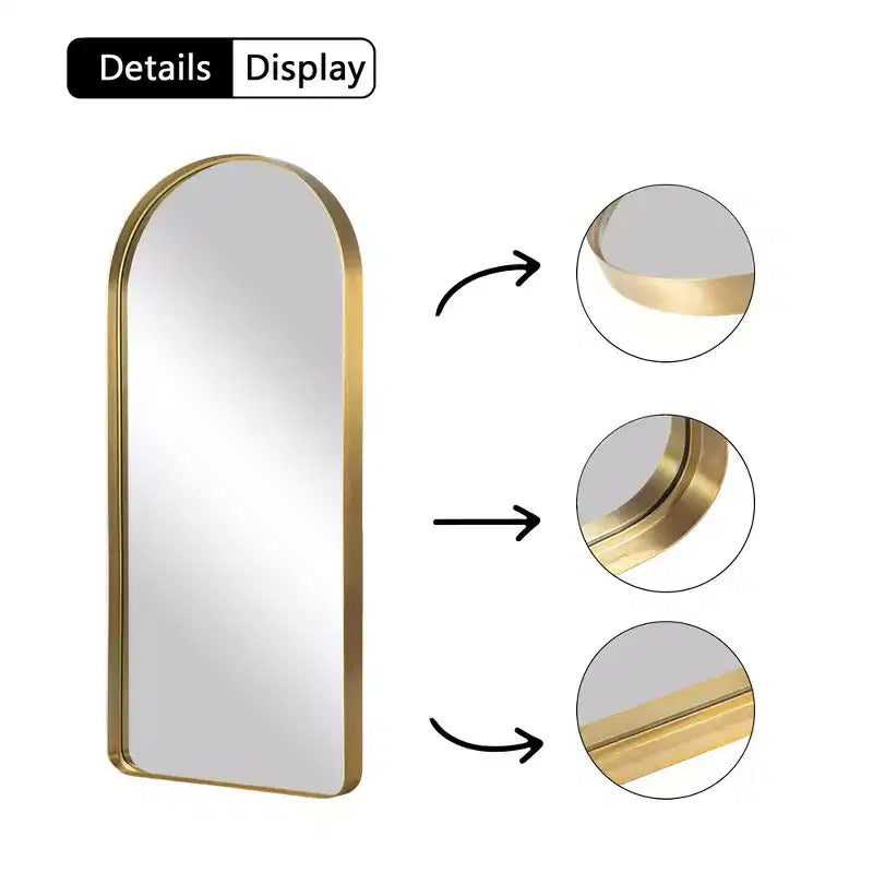 PexFix Miroir en pied 81 cm (32 po) L x 180 cm (71 po) H avec cadre arqué moderne et coins arrondis, doré