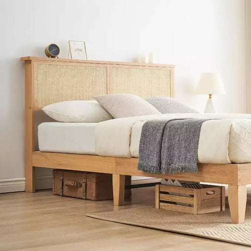 Acekool Rattan Bed Frame with Natural Headboard, LED Lights, Solid Wood Slats, Storage Space, No Box Spring Needed