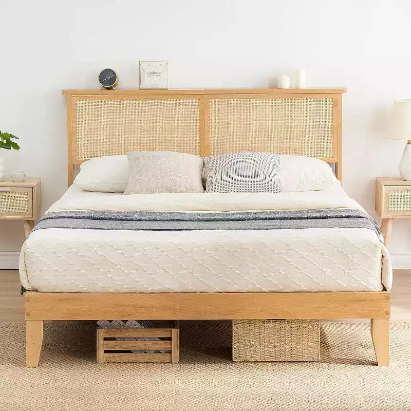 Cadre de lit en rotin Acekool avec tête de lit naturelle, lumières LED, lattes en bois massif, espace de rangement, pas besoin de sommier tapissier