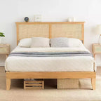 Cadre de lit en rotin Acekool avec tête de lit naturelle, lumières LED, lattes en bois massif, espace de rangement, pas besoin de sommier tapissier