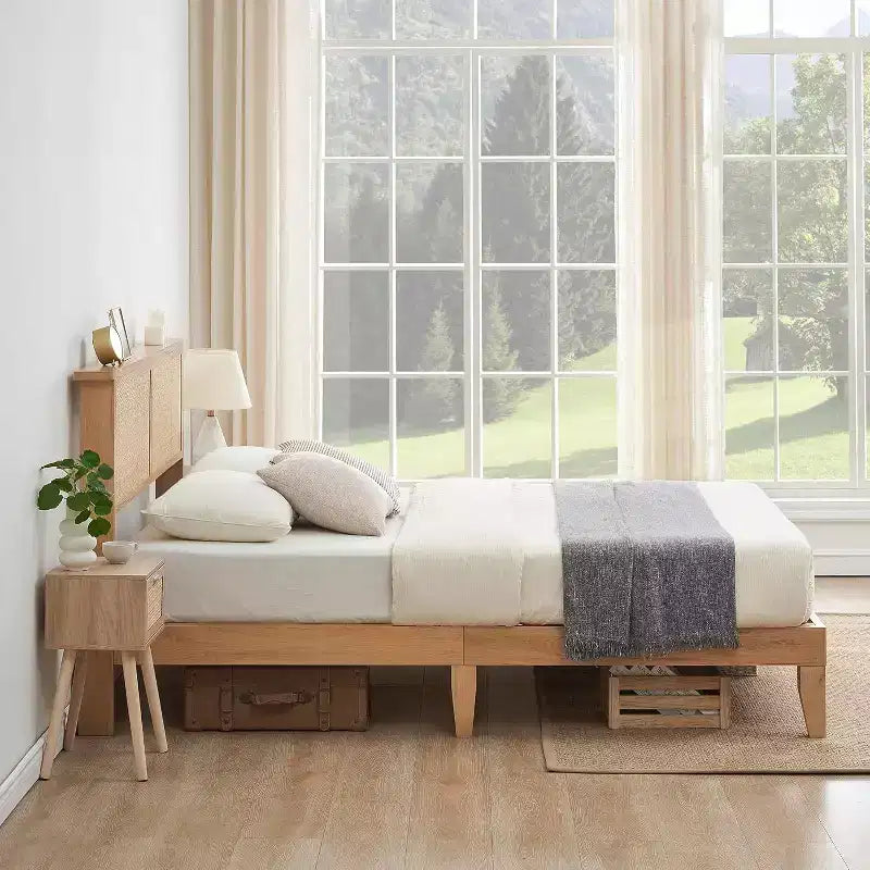 Cadre de lit en rotin Acekool avec tête de lit naturelle, lumières LED, lattes en bois massif, espace de rangement, pas besoin de sommier tapissier