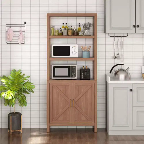 71 Inch Tall Bookshelf, 5-Tier Farmhouse Wood Bookcase, X-Patterned Door Cabinet, Freestanding Book Case with Adjustable Shelf, Oak
