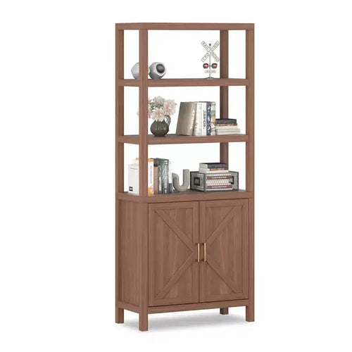 Étagère de 180 cm de haut, Bibliothèque en bois de style ferme à 5 niveaux, Armoire à portes croisées, Bibliothèque autoportante avec étagère réglable, Chêne