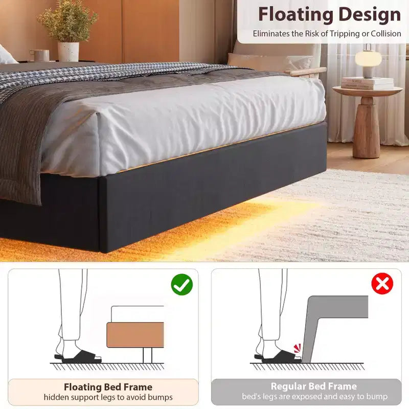 Cadre de lit flottant rembourré Garvee, station de recharge, tête de lit de rangement, facile à assembler