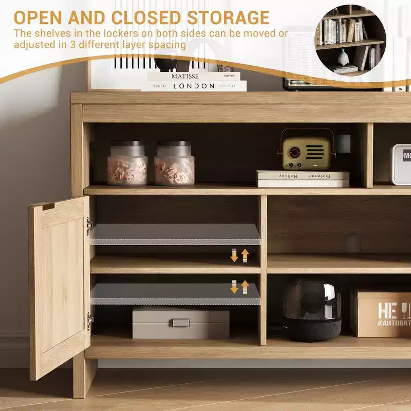 1 ENSEMBLE BP Meuble TV en MDF avec 2 Portes en Rotin, Planche Épaisse, Rangement Spacieux, Construction en MDF Durable, Design Élégant et Assemblage Facile