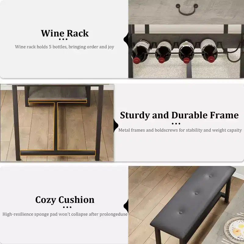 Ensemble de salle à manger pour 4, table de cuisine avec bancs rembourrés, table de salle à manger de cuisine pour petit espace