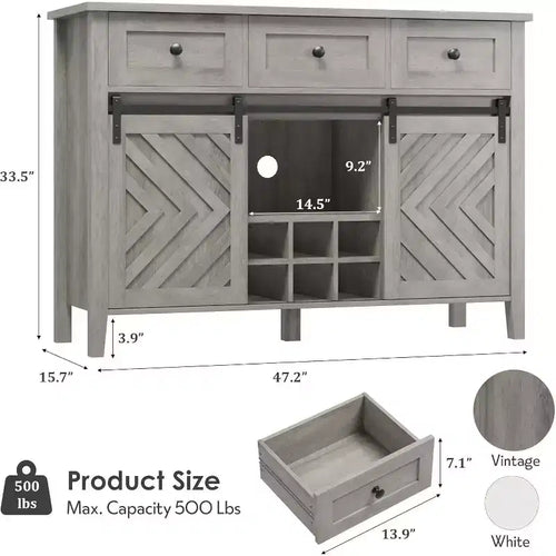 Acekool 47.2 Armoire de buffet de ferme, vaisselier rustique avec portes coulissantes, 3 tiroirs, étagères réglables, casier à vin amovible, blanc