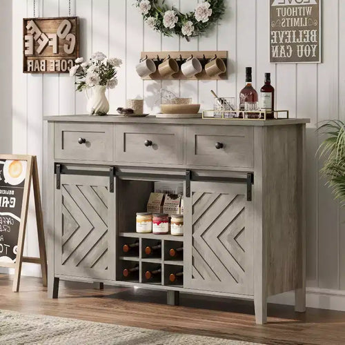 Acekool 47.2 Farmhouse Buffet Cabinet, Rustic Sideboard with Sliding Doors, 3 Drawers, Adjustable Shelves, Removable Wine Rack, White