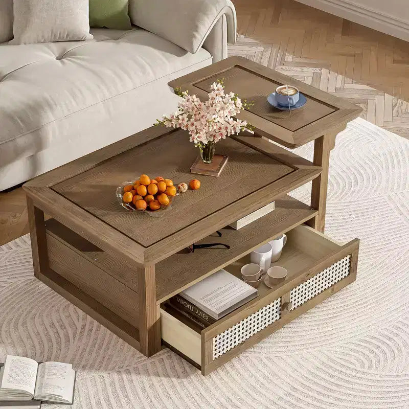 Table basse moderne Okak avec tiroir en rotin et rangement à deux niveaux, table basse de salon à 2 étagères