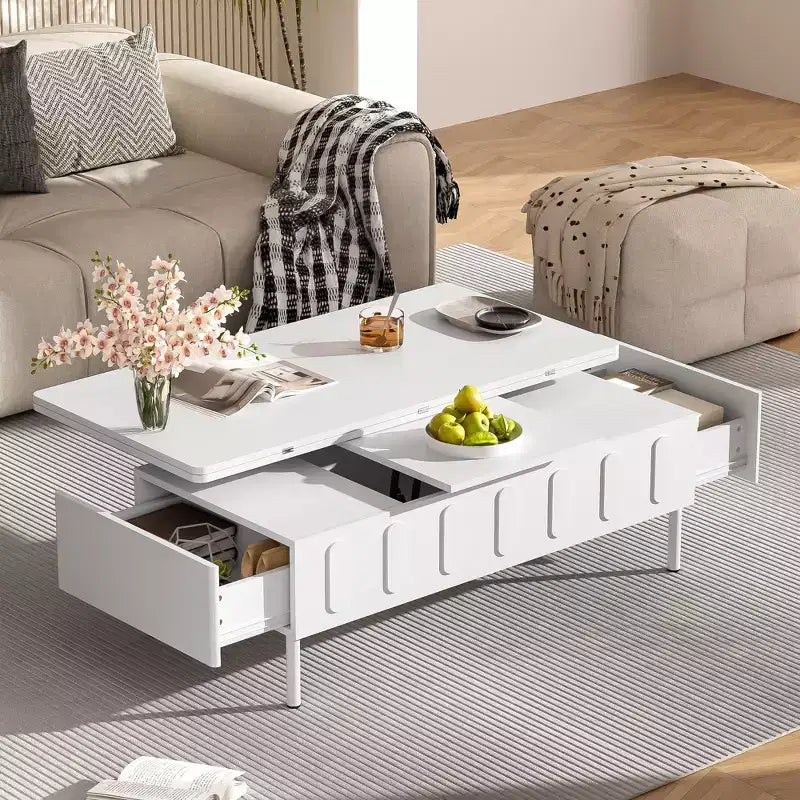 Table basse moderne Okak avec tiroir en rotin et rangement à deux niveaux, table basse de salon à 2 étagères