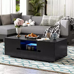 Table basse LED moderne Okak, éclairage 16 couleurs et espace de rangement, finition brillante, table d'appoint rectangulaire pour salon