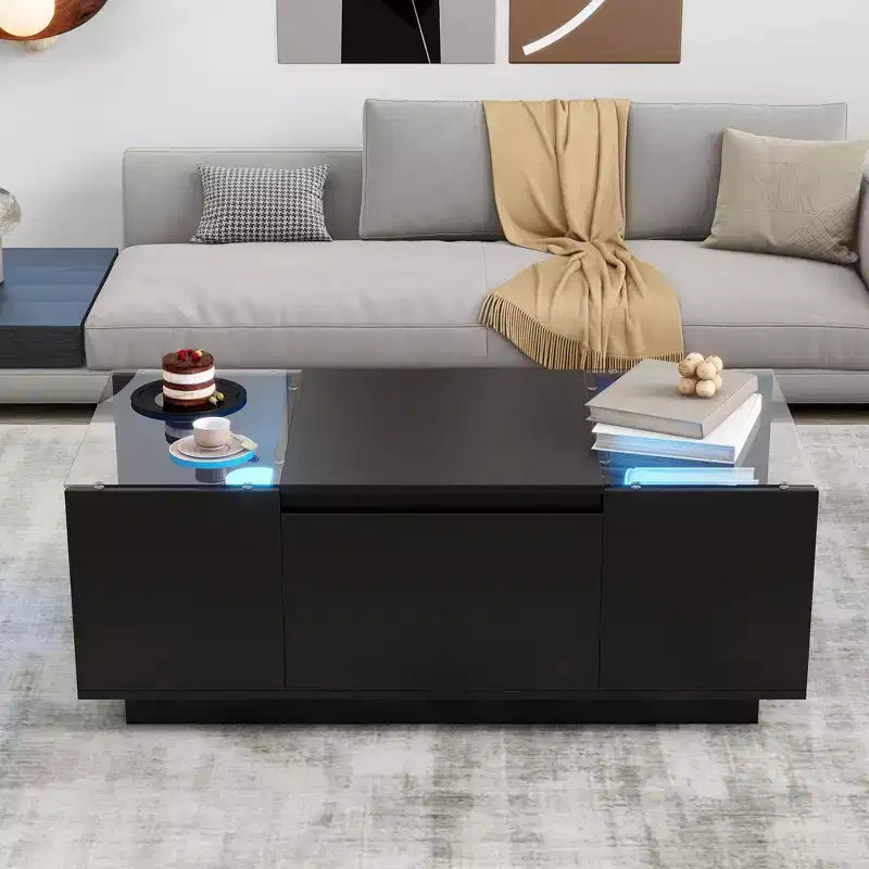 Table basse LED moderne Okak, éclairage 16 couleurs et espace de rangement, finition brillante, table d'appoint rectangulaire pour salon