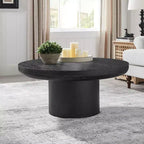 Table basse ronde Okak 36L pour salon, plateau en placage bois, table d'appoint pour canapé avec pied cylindrique pour petit espace bureau à domicile