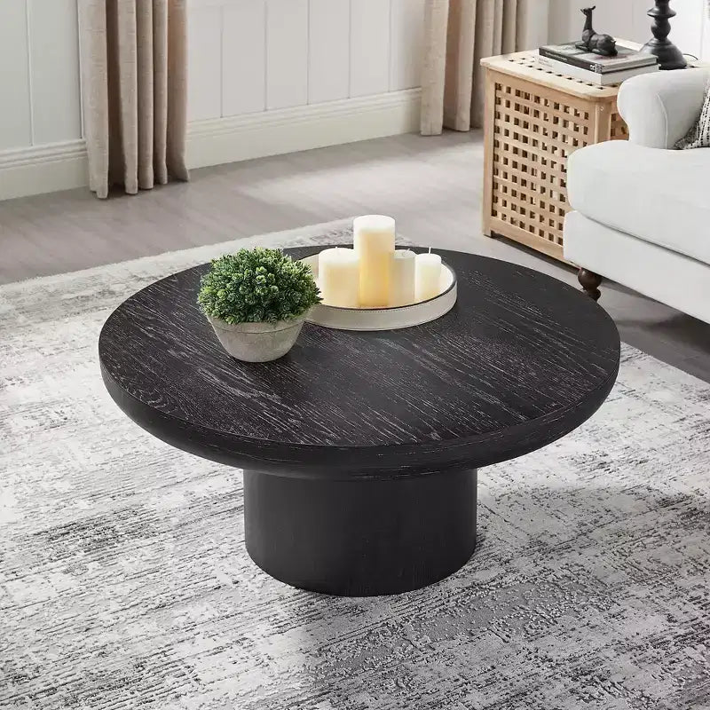 Table basse ronde Okak 36L pour salon, plateau en placage bois, table d'appoint pour canapé avec pied cylindrique pour petit espace bureau à domicile