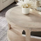 Table basse ronde Okak 36L pour salon, plateau en placage bois, table d'appoint pour canapé avec pied cylindrique pour petit espace bureau à domicile