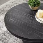 Table basse ronde Okak 36L pour salon, plateau en placage bois, table d'appoint pour canapé avec pied cylindrique pour petit espace bureau à domicile