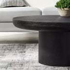 Table basse ronde Okak 36L pour salon, plateau en placage bois, table d'appoint pour canapé avec pied cylindrique pour petit espace bureau à domicile