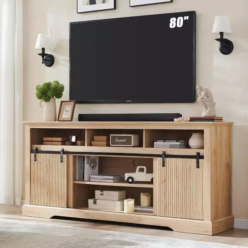 Meuble TV Mastgoal pour téléviseurs 80 pouces avec porte coulissante, étagère réglable et rangement, meuble TV moderne de 81 cm de haut pour salon