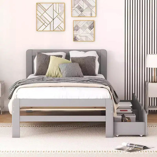 Lit plateforme double Acekool avec 2 tiroirs de rangement gigognes, tête de lit, cadre robuste, aucun sommier tapissier requis, gain de place pour chambre d'enfants ou d'amis