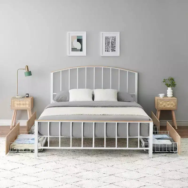 Full Size Bed Frame with 4-Tier Storage, Space-Saving, Headboard and Footboard, Sturdy Metal Slats, Easy Assembly, No Box Spring Needed