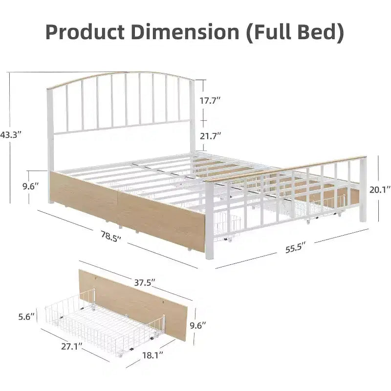 Cadre de lit double avec rangement à 4 niveaux, gain de place, tête et pied de lit, lattes métalliques robustes, assemblage facile, pas besoin de sommier tapissier
