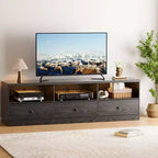 Meuble TV noir GustoWave pour téléviseurs jusqu'à 80 pouces, meuble console multimédia moderne avec 3 tiroirs et 3 étagères ouvertes pour salon et chambre à coucher