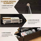 Meuble TV noir GustoWave pour téléviseurs jusqu'à 80 pouces, meuble console multimédia moderne avec 3 tiroirs et 3 étagères ouvertes pour salon et chambre à coucher