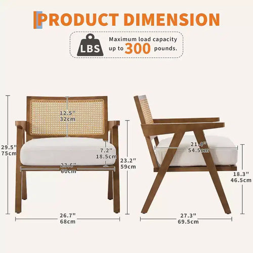 Fauteuil Acekool, dossier en rotin, pieds en bois, coussins épais, fauteuil de salon, chambre ou balcon, lin beige ou flanelle teddy