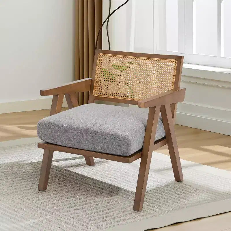 Fauteuil Acekool, dossier en rotin, pieds en bois, coussins épais, fauteuil de salon, chambre ou balcon, lin beige ou flanelle teddy
